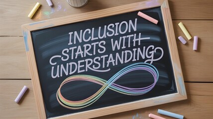 Chalkboard with inclusion starts with understanding quote and colorful neurodiversity infinity symbol promoting empathy awareness and inclusive education