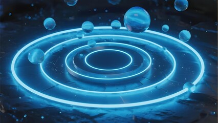 Neon blue concentric rings with floating spheres in a futuristic space environment