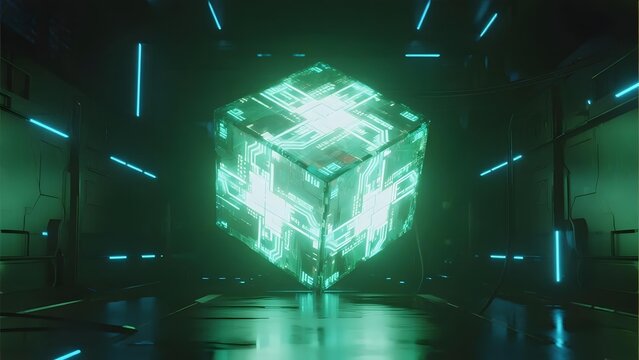 Glowing futuristic cube with circuit patterns in a high-tech corridor