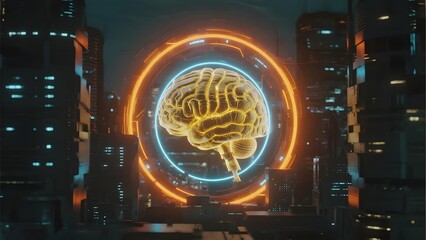 Neon brain hologram displayed in a futuristic cityscape at night