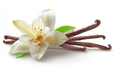 Close-up of a vanilla flower with beans and leaves, isolated on a white background