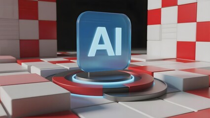 A glowing AI icon displayed on a circular platform within a red and white checkered environment.