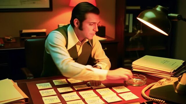 Man in vest and tie sorts index cards on a warm, moody vintage office desk under a lamp, focused