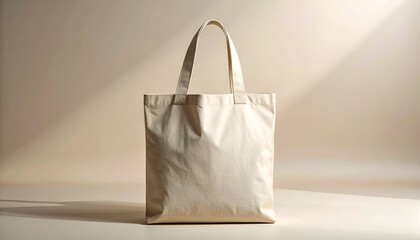 Beige Tote Bag with Handles in Studio Lighting on Beige Background
