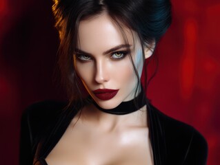 Fototapeta premium Striking woman with intense gaze, dark hair styled elegantly, bold dark red lipstick, and a black outfit. The lighting highlights her fair complexion and piercing eyes against a blurred background
