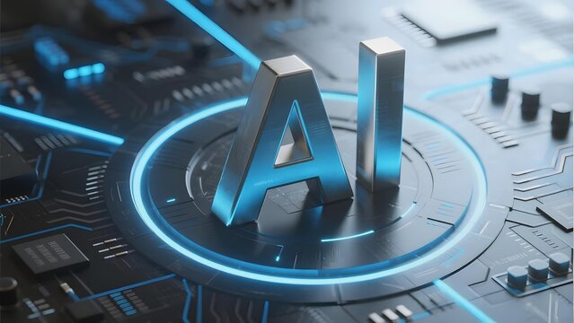 AI letters on a futuristic circuit board with glowing blue lights