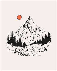 A richly detailed black and white illustration depicting a mountainous landscape with pine trees and a large sun or moon