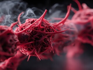 Red spiky organic structure in focus with smoky tendrils swirling on dark background, creating an abstract, surreal appearance of cellular or microscopic form, emphasizing complexity