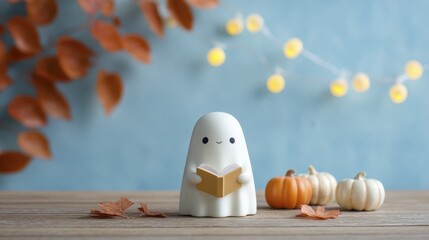 Halloween themed still life with ghost reading book and small pumpkins