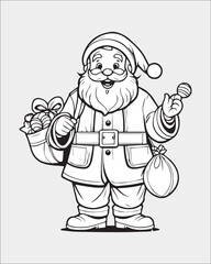 A vintage, hand-drawn style vector illustration of Santa Claus holding a bag of gifts and ringing a bell