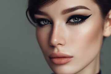Fototapeta premium Young woman with smooth skin and striking cat-eye makeup, featuring bold eyeliner, defined eyebrows, natural nude lips, and captivating blue eyes. Hair tied back, creating a sophisticated look