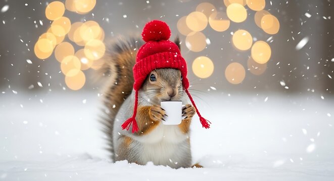 Illustration of a cute squirrel wearing a red knitted hat and holding a small cup in the snow - Powered by Adobe