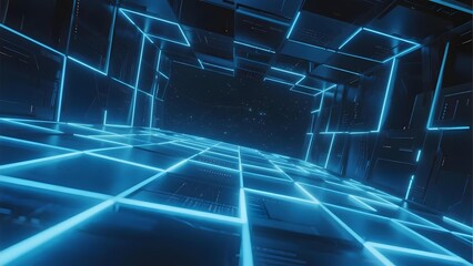 Futuristic neon grid corridor with glowing blue lines and geometric patterns