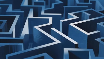 Abstract blue geometric maze with three-dimensional pathways and sharp angular shapes