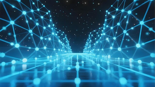 Digital network tunnel with glowing blue nodes and connections in a futuristic space environment - Powered by Adobe