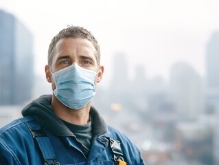 A man in a blue protective mask and workwear stands outside against a blurred cityscape. He has short hair and an attentive expression, embodying a sense of duty and professionalism