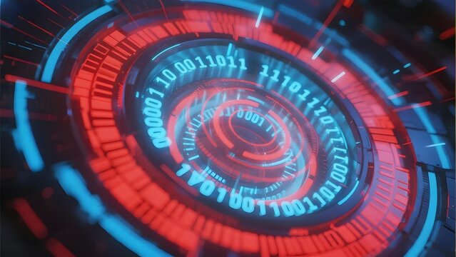 Digital interface with glowing binary code and concentric rings in red and blue hues - Powered by Adobe