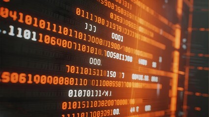 Digital binary code displayed on a glowing screen with orange and black color scheme, representing data processing or computing.