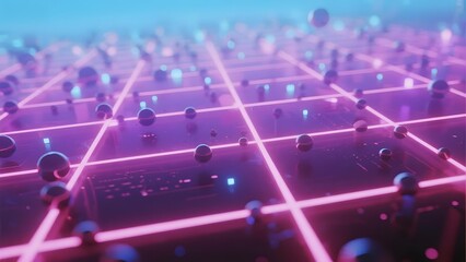 Neon grid with glowing spheres in a futuristic digital landscape