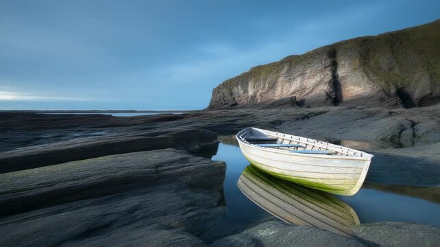 Tranquil coastal scene with a weathered rowboat nestled amongst rocks