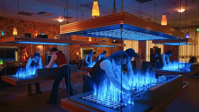 Dim bar bathed in blue glow as patrons gather around illuminated chessboard tables. Soft amber light