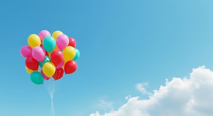 Colorful Balloons Floating in a Bright Blue Sky with Clouds