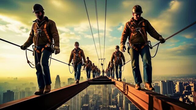 Team of climbers balances precariously on a narrow beam above a sparkling city at sunset united now