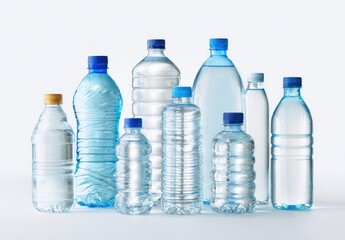 Group of clear plastic bottles of varying shapes and sizes, filled with water
