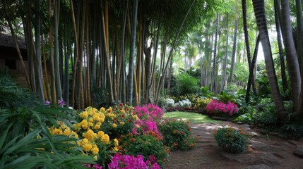 Obraz premium Lush Tropical Garden with Colorful Flowers and Tall Bamboo Surrounded by Vibrant Greenery and Tropical Plants Captured in Soft Natural Light