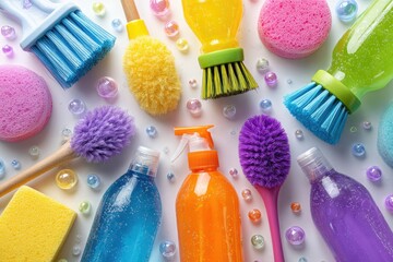 A colorful assortment of cleaning supplies, including brushes, sponges, spray bottles, and soap