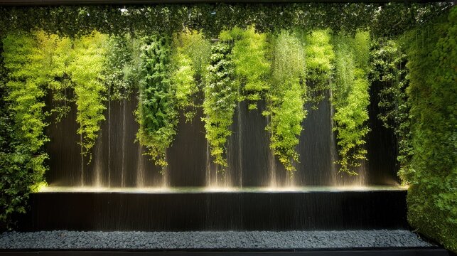 Serene Indoor Waterfall Display with Lush Greenery and Soft Lighting Creating a Tranquil Atmosphere for Relaxation and Rejuvenation