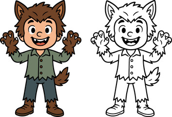 Naklejka premium cartoon child dressed in werewolf halloween costume, colored and black outline version for coloring book