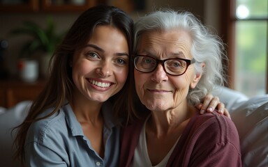 Portrait of old woman and her adult daughter in the house. High quality