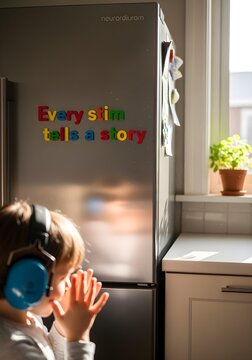 Young child stimming with headphones near fridge displaying colorful letters every stim tells a story promoting autism awareness sensory acceptance and expression