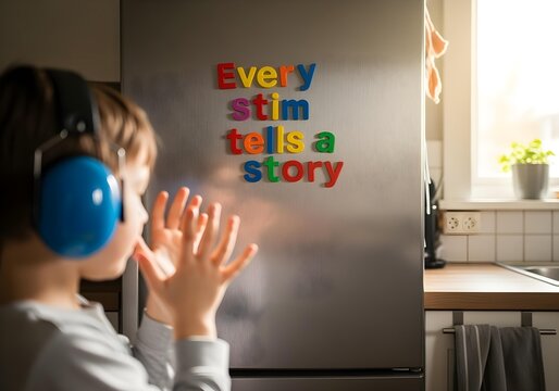 Young child stimming with headphones near fridge displaying colorful letters every stim tells a story promoting autism awareness sensory acceptance and expression
