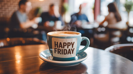Bright Coffee Cup with Happy Friday Message in Cozy Cafe with Blurred People in Background