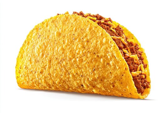 A close-up studio shot of a crispy taco shell filled with meat and shredded cheese - Powered by Adobe