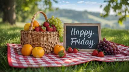 Colorful Fruit Basket with Strawberries Oranges and Green Grapes on Picnic Blanket in Park for Healthy Lifestyle