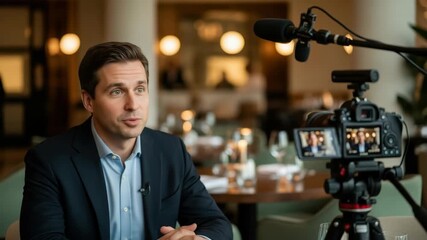 professional man in dark suit and blue shirt is being filmed in an elegant restaurant/lounge A camera on tripod boom mic and lavalier mic capture his interview visible on the cameras screen