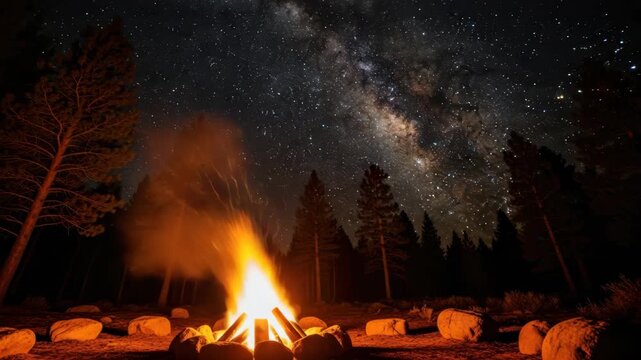campfire glows under star-filled night sky with the Milky Way prominently visible above dark forest of tall pine trees Rocks encircle the blazing fire