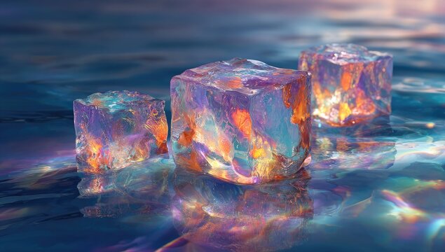 Three shimmering, crystalline cubes floating in a dreamlike, colorful watery environment