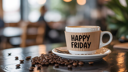 Coffee Mug with Happy Friday Text on Coffee Table in Coffee Shop