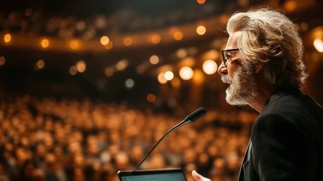 Confident senior businessman making a public speech about strategic company goals in packed auditorium under warm lights &ndash; motivational video for corporate events, leadership talks, brand presentation