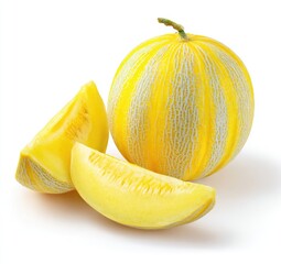 Bright yellow melon with pale green stripes and two sliced portions on a white backdrop