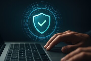 Hands on laptop with glowing shield security check icon symbolizing cybersecurity protection

