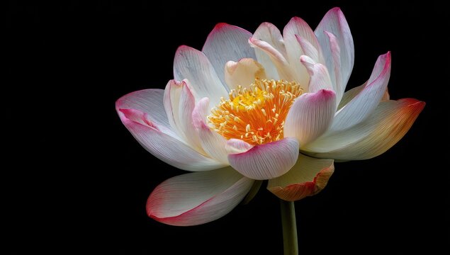 A close-up view of a lotus flower with white and pink petals against a black background