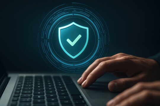 Hands on laptop with glowing shield security check icon symbolizing cybersecurity protection
 - Powered by Adobe