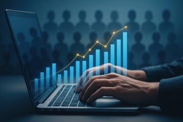 Hands using laptop with holographic bar chart and upward trend line symbolizing financial success
