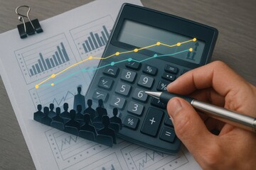Calculator with charts, pen and paper people cutouts symbolizing finance and market analysis
