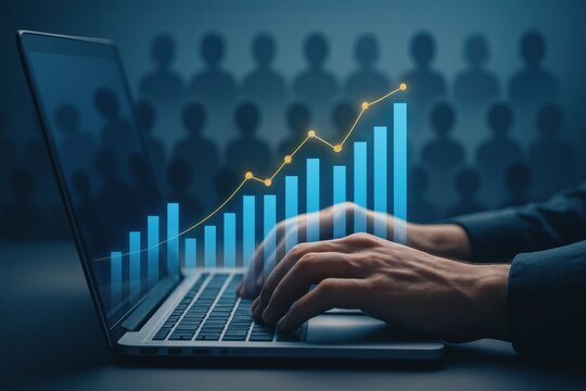 Hands using laptop with holographic bar chart and upward trend line symbolizing financial success
